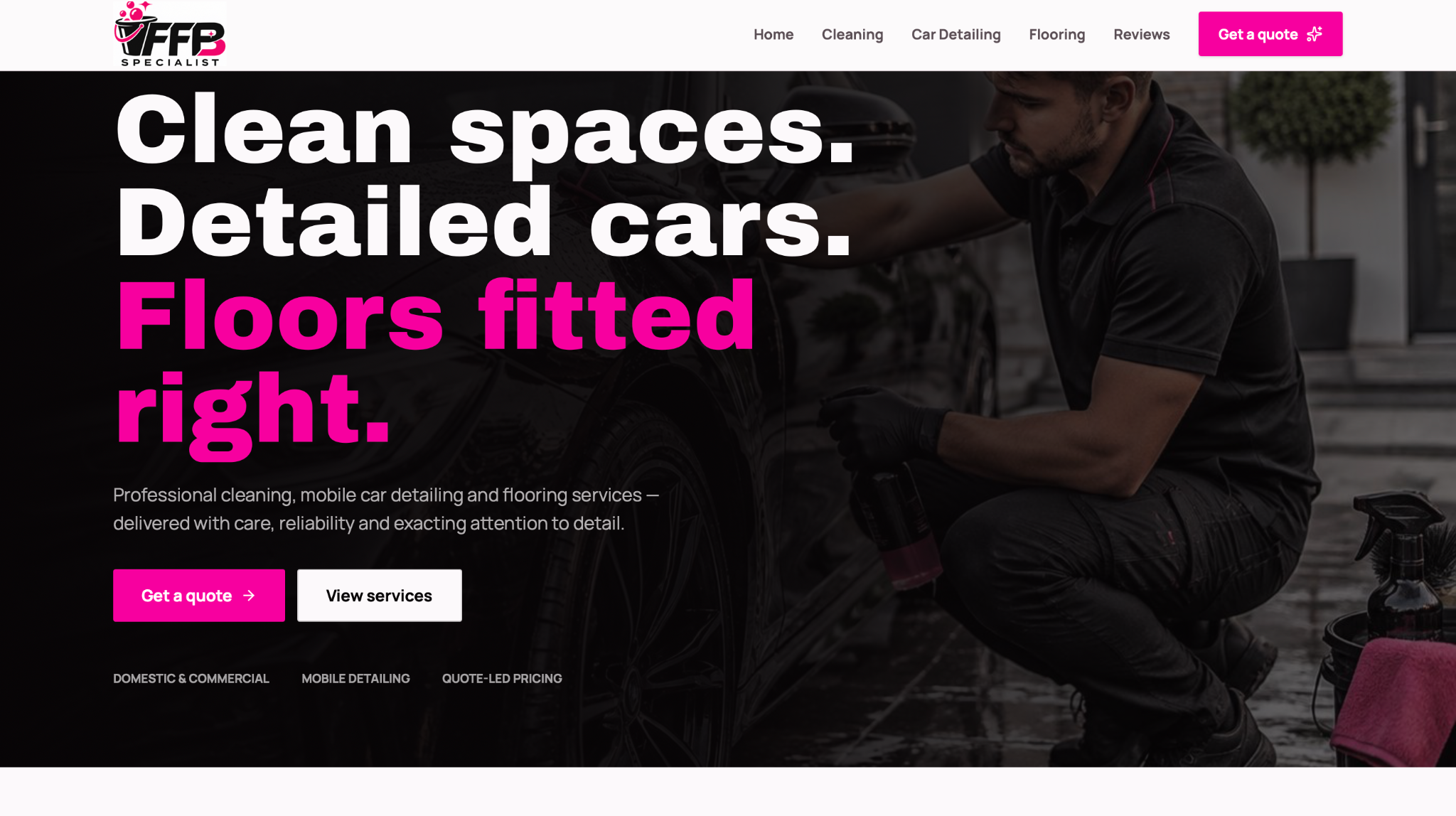 FFB Specialist website with service-led typography and pink accents